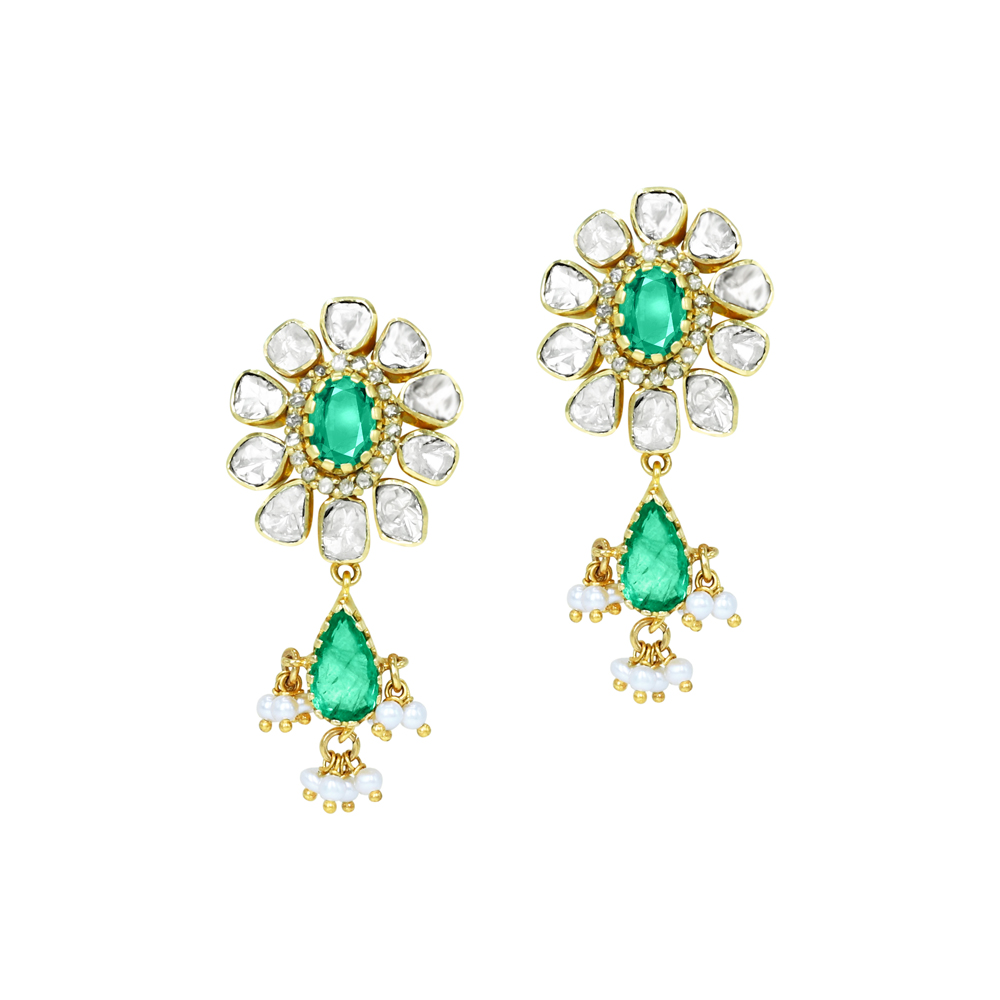Polki Earrings with Emerald Center, Drops, and Pearl Accents